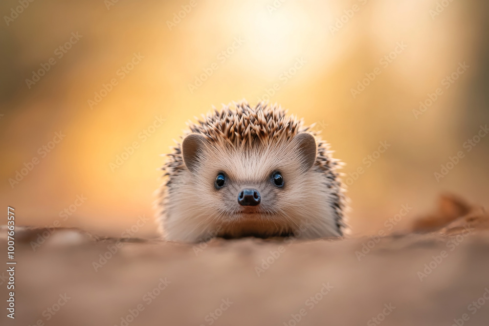 A curious hedgehog standing on the ground with a soft blurred background, evoking cuteness and natural charm. A curious hedgehog standing on the ground with a soft blurred background, evoking cuteness and natural charm.