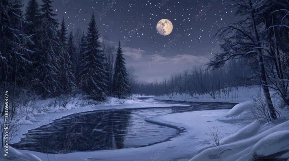 A winding river through a snow-covered forest under a starry sky and full moon. A winding river through a snow-covered forest under a starry sky and full moon.