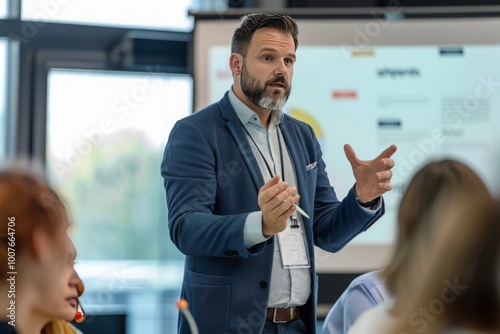 Confident businessman delivering a presentation consulting training persuading employees client group, mentor leader explain graph strategy at team meeting workshop photo