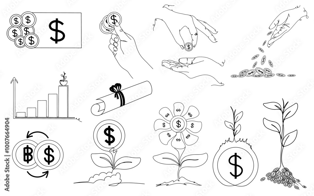 Obraz premium Hand Drawing line art of business and finance with growth of coin. Vector illustration