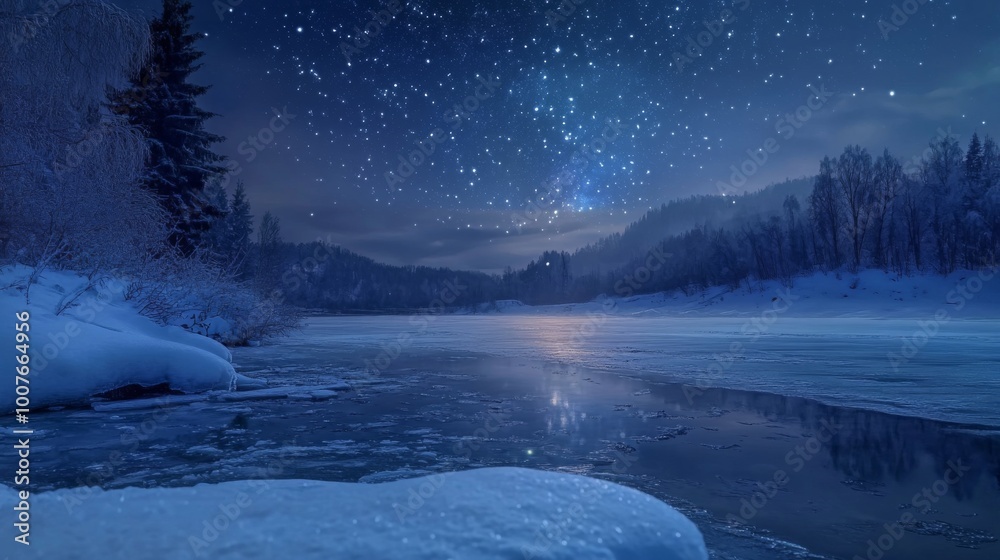 A Frozen River Under a Starry Night Sky A Frozen River Under a Starry Night Sky