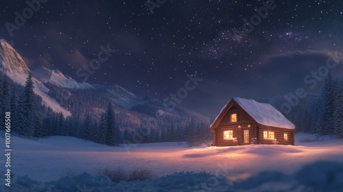 A Cozy Cabin in the Snowy Mountains Under a Starry Night