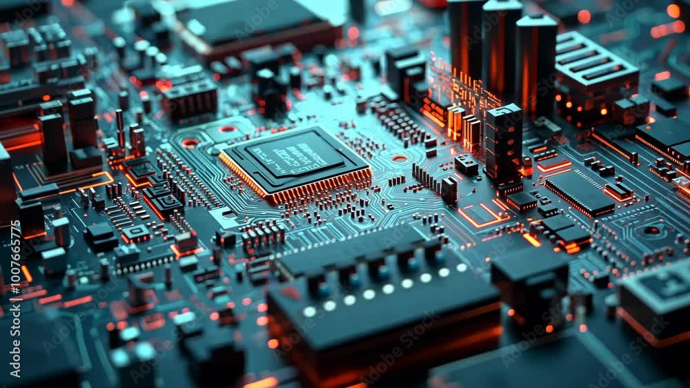 A close-up view of a circuit board with a central processor unit ...