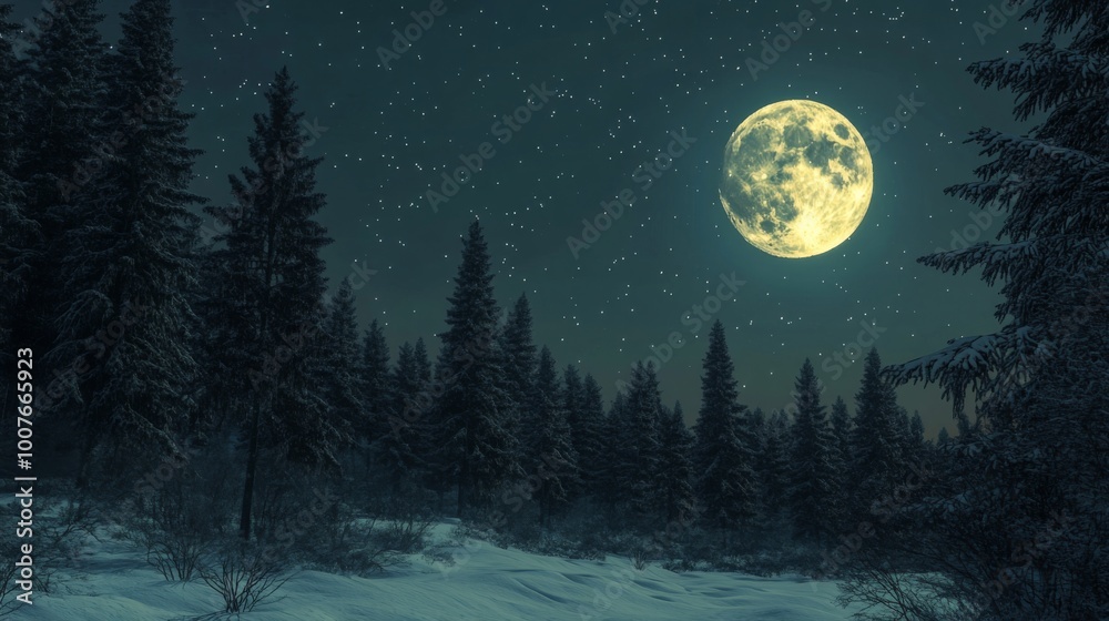Full Moon Illuminating a Snowy Forest at Night Full Moon Illuminating a Snowy Forest at Night