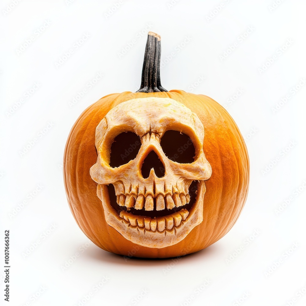 A carved pumpkin with a creepy skeleton face, glowing from inside, Halloween atmosphere, isolated on white background A carved pumpkin with a creepy skeleton face, glowing from inside, Halloween atmosphere, isolated on white background