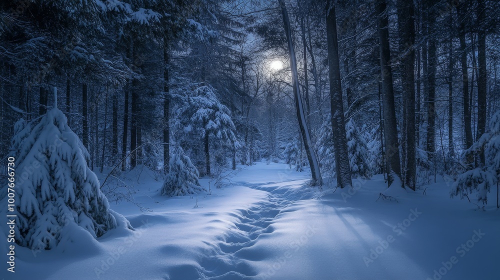 Naklejka premium Snow-covered path winding through a moonlit forest