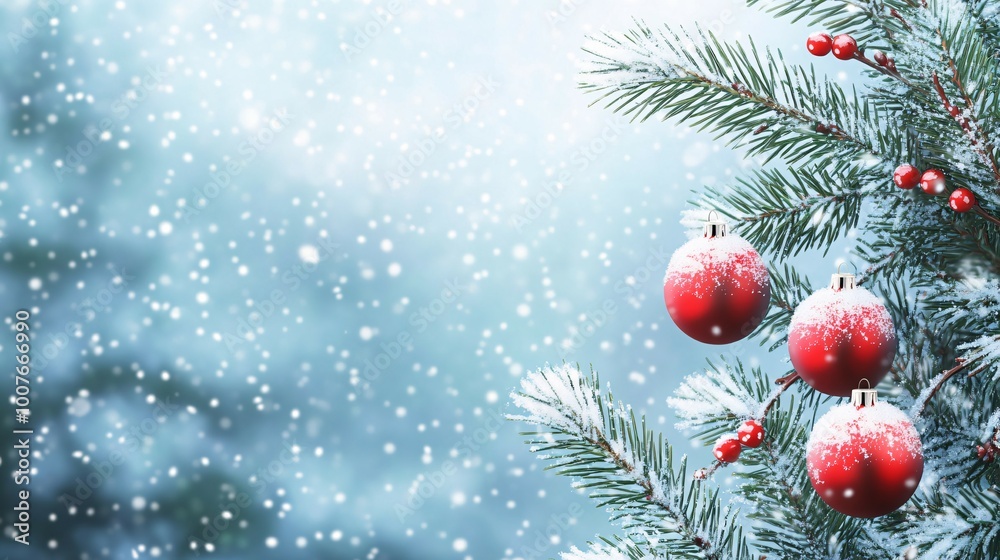 Obraz premium Snowy Pine Branch with Red Christmas Ornaments