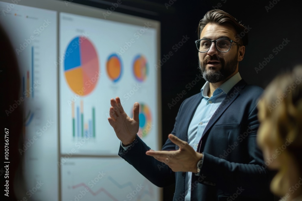 Confident businessman delivering a presentation consulting training persuading employees client group, mentor leader explain graph strategy at team meeting workshop Confident businessman delivering a presentation consulting training persuading employees client group, mentor leader explain graph strategy at team meeting workshop