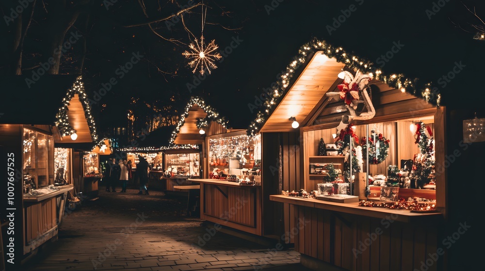 Charming Christmas market stalls illuminated by festive lights and adorned with holiday decorations, creating a warm and cozy atmosphere. The scene captures the essence of a traditional holiday market Charming Christmas market stalls illuminated by festive lights and adorned with holiday decorations, creating a warm and cozy atmosphere. The scene captures the essence of a traditional holiday market