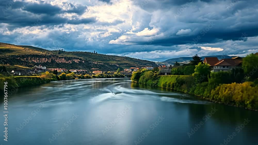 A wide river flows through a valley, surrounded by rolling hills and a cloudy sky A wide river flows through a valley, surrounded by rolling hills and a cloudy sky
