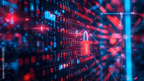 Digital illustration depicting the concept of cybersecurity with a red padlock against a dark background with binary code and glowing lines.