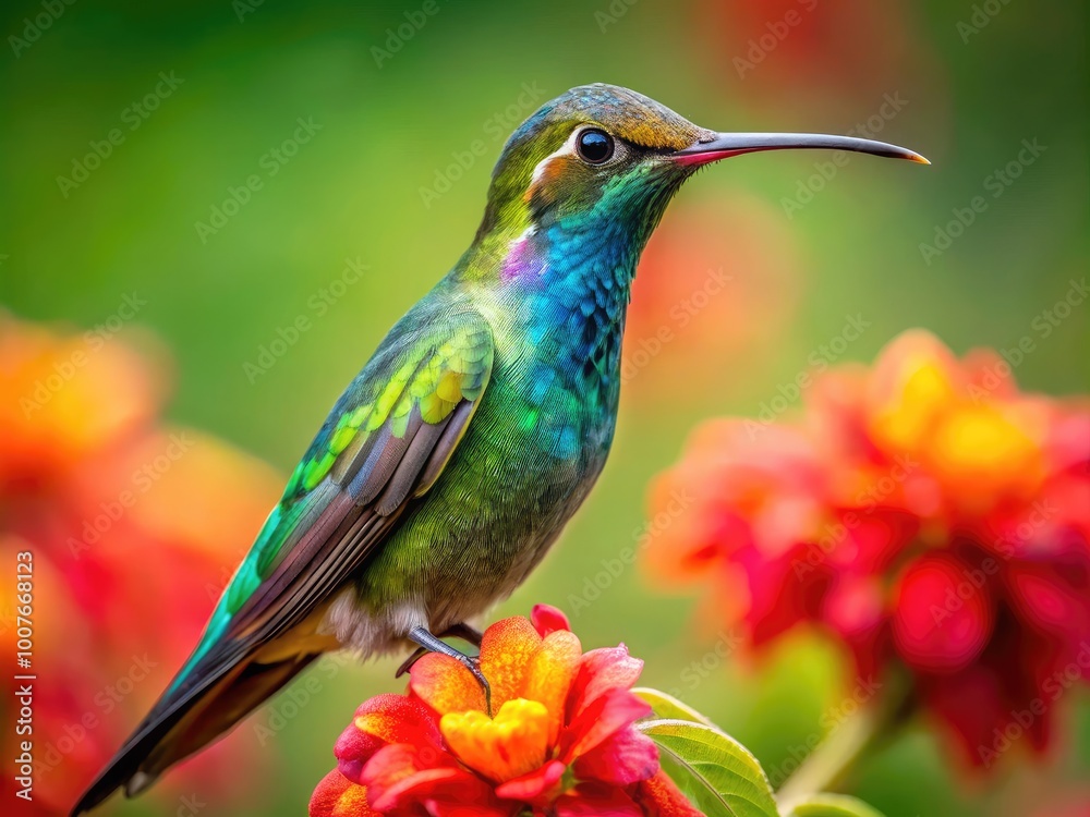 Obraz premium Long Billed Hummingbird perched on a vibrant flower, showcasing its unique beak and colorful plumage