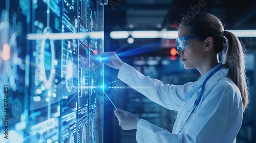 Female scientist wearing a white lab coat, safety goggles interacts with a digital interface for a modern era concept of healthcare and research.