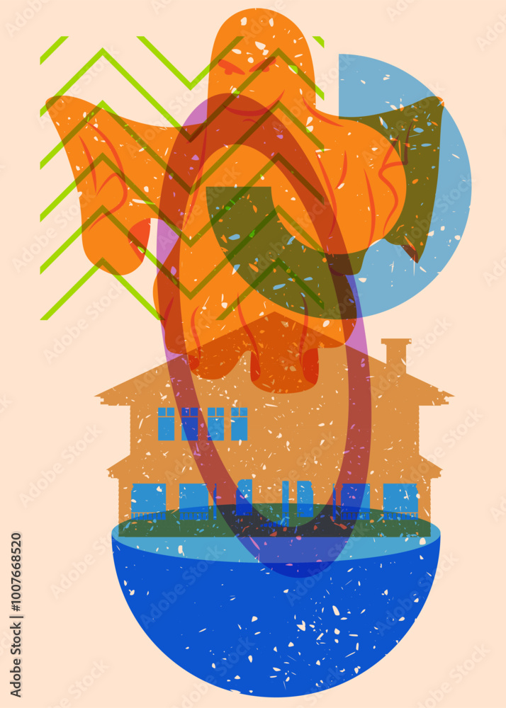 Naklejka premium Risograph Halloween Ghost and House with geometric shapes. Objects in trendy riso graph print texture style design with geometry elements.
