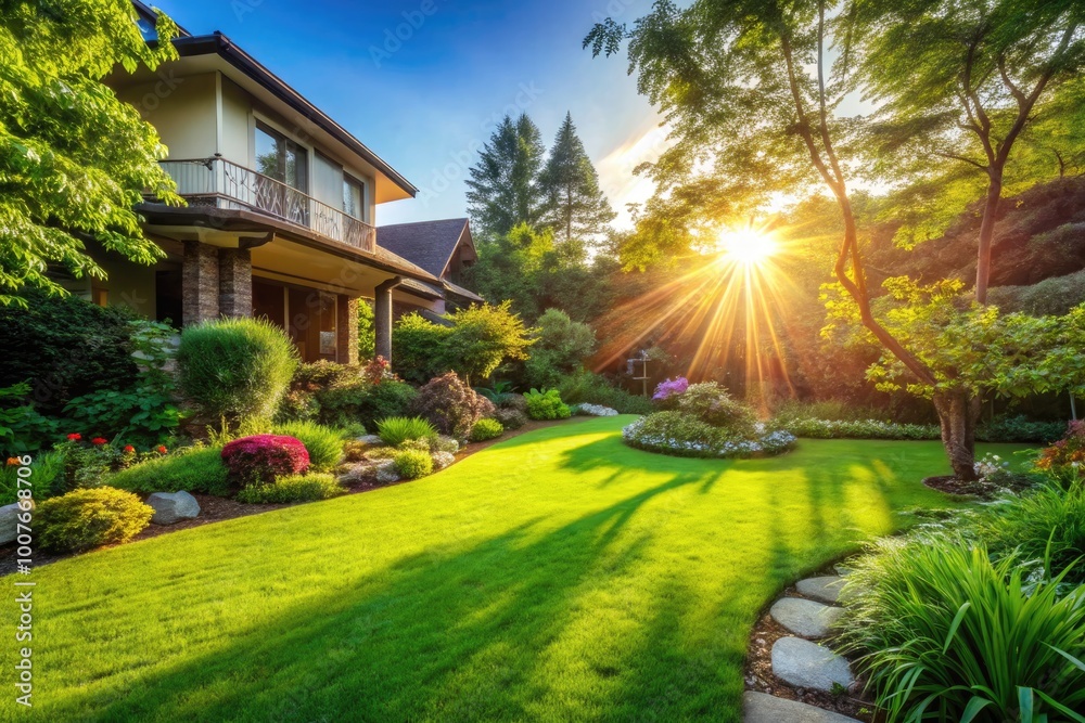 Lush Green Grass in a Vibrant Garden with Sunlight for Beautiful Home Exterior Design Inspiration