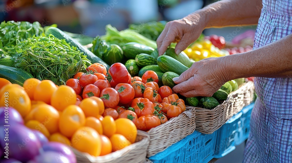 Fototapeta premium Fresh Tomatoes Cucumbers and Greens at Farmers Market
