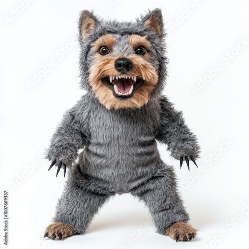 A dog dressed as a werewolf, Halloween pet outfit, furry suit with claws, playful pose, isolated on white background photo