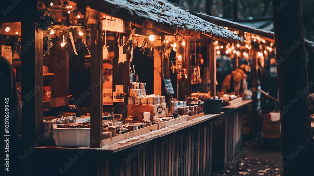 Charming Christmas market stalls illuminated by festive lights and adorned with holiday decorations, creating a warm and cozy atmosphere. The scene captures the essence of a traditional holiday market Charming Christmas market stalls illuminated by festive lights and adorned with holiday decorations, creating a warm and cozy atmosphere. The scene captures the essence of a traditional holiday market