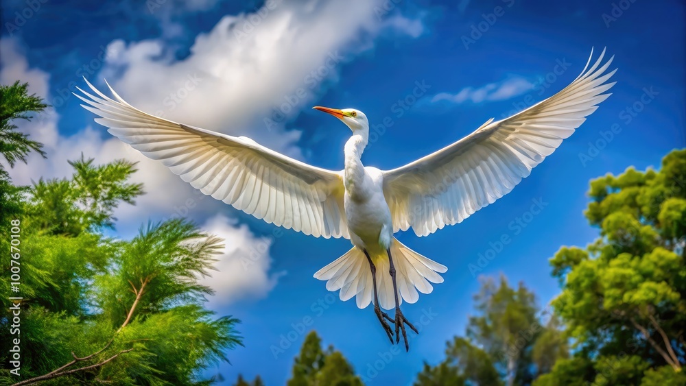 Obraz premium Majestic Big White Bird Soaring Gracefully Against a Clear Blue Sky in Natural Habitat Setting