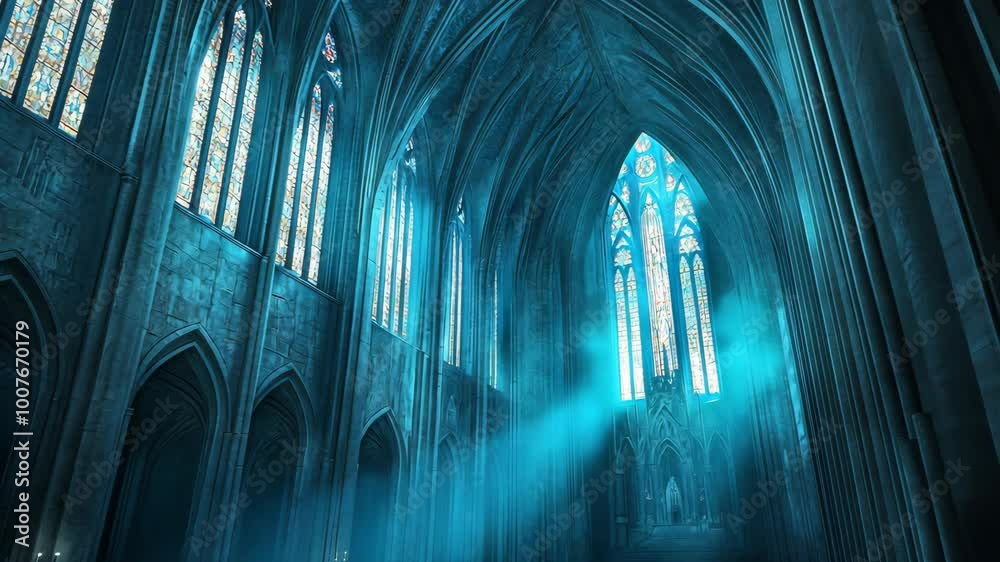 A ray of light shines through a large stained glass window in a cathedral, creating a blue glow in the interior A ray of light shines through a large stained glass window in a cathedral, creating a blue glow in the interior