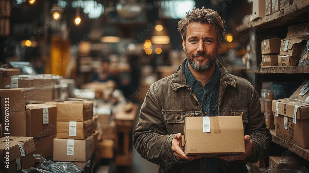 Man Holding Package in Rustic Warehouse Setting Man Holding Package in Rustic Warehouse Setting