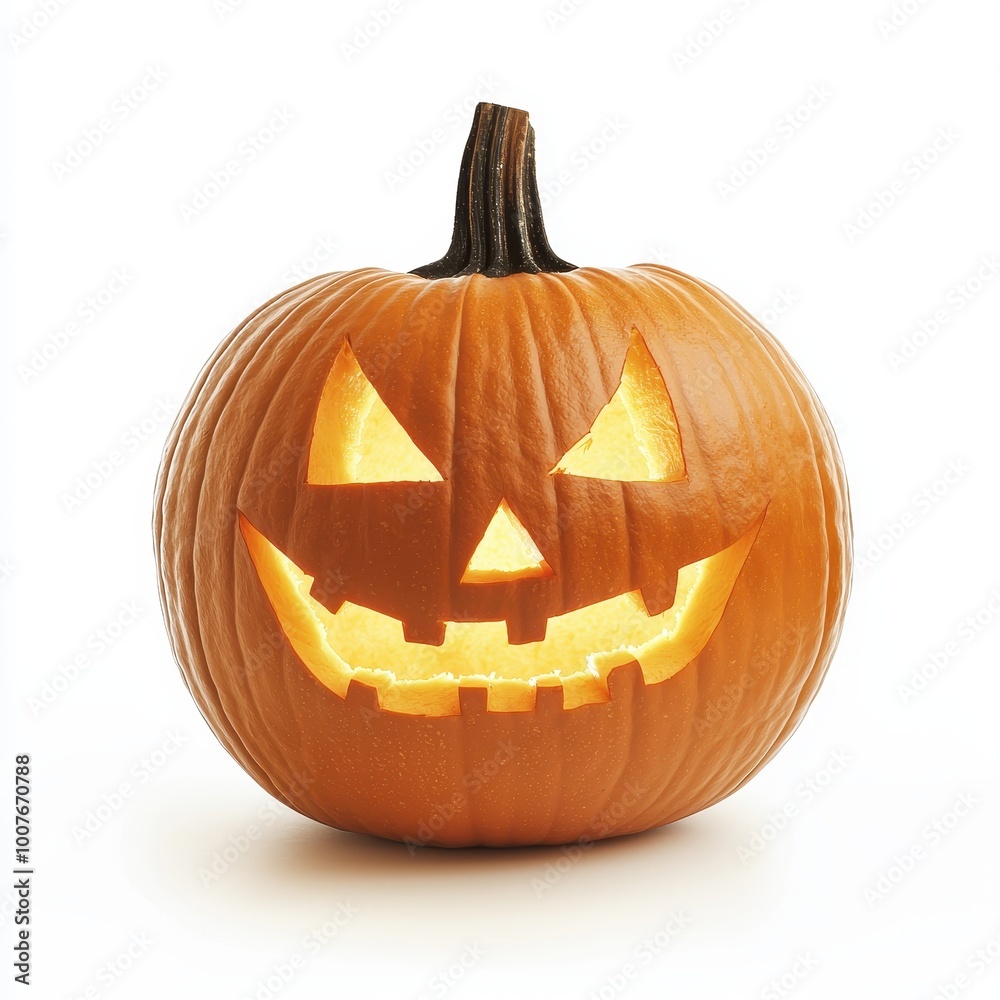 A carved pumpkin with a glowing jack-o'-lantern face, Halloween decor, eerie expression, isolated on white background A carved pumpkin with a glowing jack-o'-lantern face, Halloween decor, eerie expression, isolated on white background