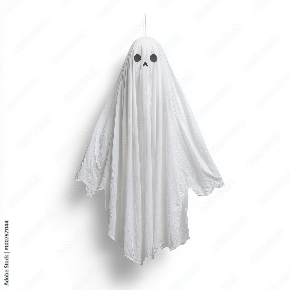 A hanging ghost figure, Halloween decor, white fabric flowing, creepy design, isolated on white background A hanging ghost figure, Halloween decor, white fabric flowing, creepy design, isolated on white background