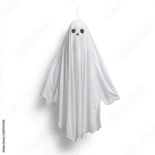 A hanging ghost figure, Halloween decor, white fabric flowing, creepy design, isolated on white background