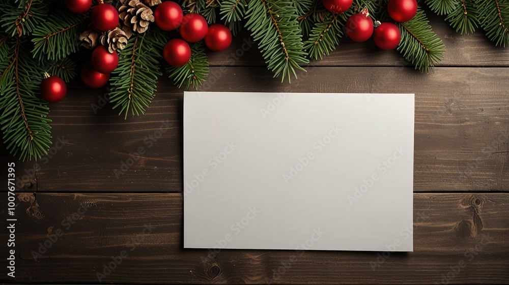 Obraz premium Greeting card christmas mockup with fir tree branches on dark wooden background