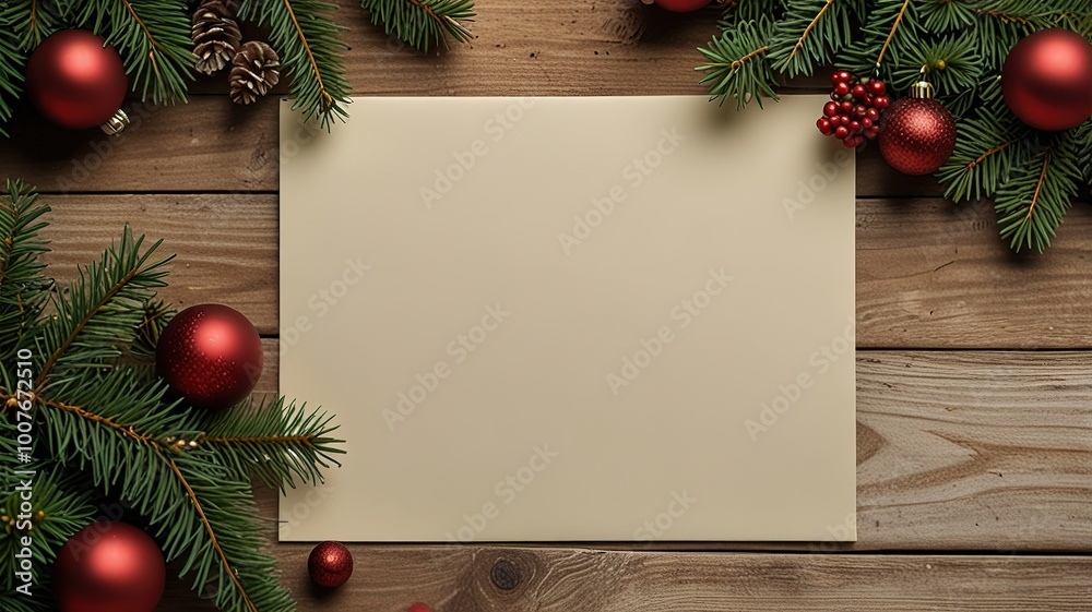 Greeting card christmas mockup with fir tree branches on dark wooden background Greeting card christmas mockup with fir tree branches on dark wooden background