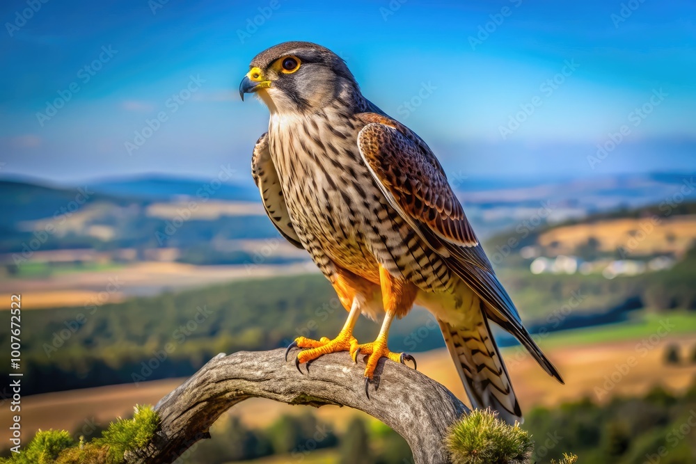 Majestic falcon perched on a branch, showcasing its stunning plumage against a clear blue sky Majestic falcon perched on a branch, showcasing its stunning plumage against a clear blue sky