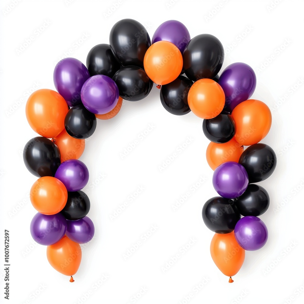 Obraz premium A Halloween-themed balloon arch, black, orange, and purple balloons, party decoration, isolated on white background