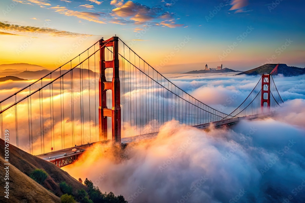 Fototapeta premium Majestic Golden Gate Bridge Emerging from Thick Fog on a Mysterious San Francisco Morning