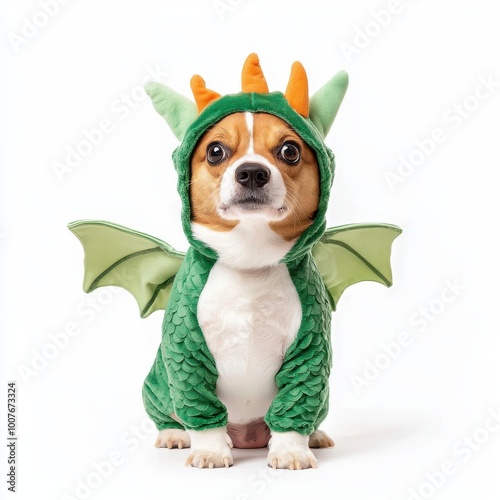 A dog in a dragon costume, Halloween pet outfit, green scales and wings, standing tall, isolated on white background photo