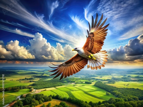 Majestic Indian Thunderbird Soaring Above Lush Green Landscape in Bright Blue Sky with Fluffy Clouds photo