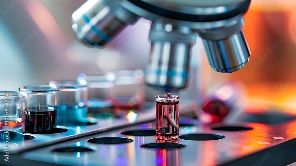 Close-up shot of a microscope inspecting a sample in a glass tube. The sample is one of many in a rack, showing the lab is conducting various tests. Close-up shot of a microscope inspecting a sample in a glass tube. The sample is one of many in a rack, showing the lab is conducting various tests.