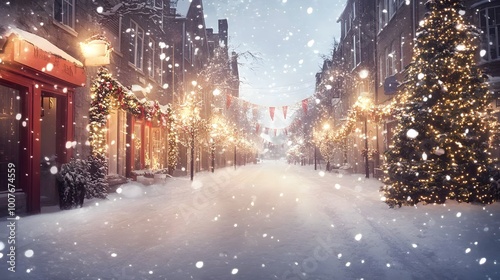 Magical outdoor winter street illuminated by holiday lights and decorations, with snow gently falling, creating a festive and enchanting atmosphere. The glowing lights and snow combine