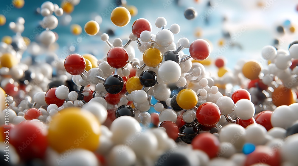 Abstract Molecular Structure with Red  White  Yellow  and Black Spheres