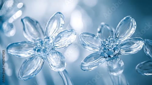 Detailed ice sculptures showcased at a winter festival, set against a snowy backdrop with intricate designs and clear, transparent ice. Cold blue tones create a frosty and serene atmosphere