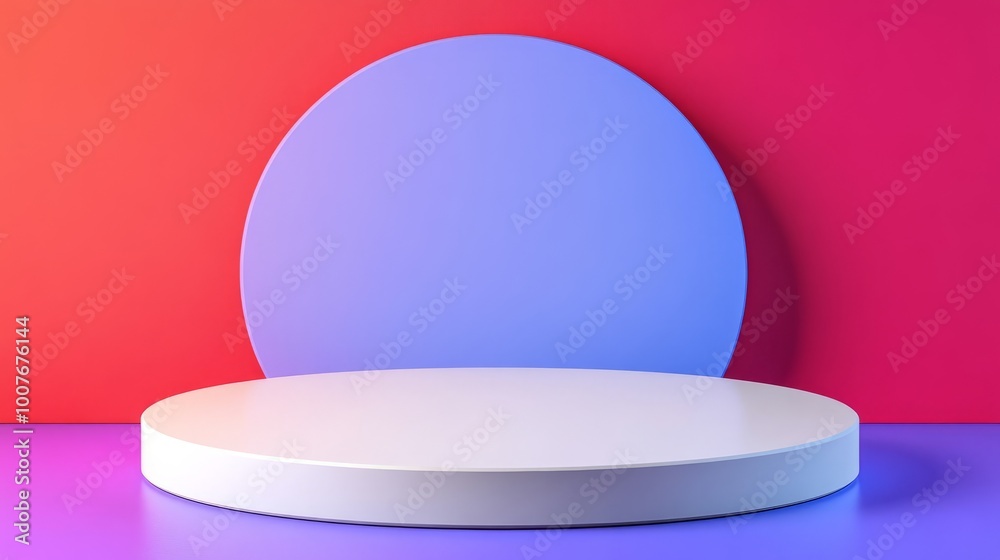 A white circular platform with a blue circle in the background on a vibrant gradient background. A white circular platform with a blue circle in the background on a vibrant gradient background.