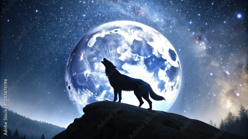 Majestic Silhouette of a Wolf Howling at a Full Moon in a Night Sky with Starry Background Majestic Silhouette of a Wolf Howling at a Full Moon in a Night Sky with Starry Background