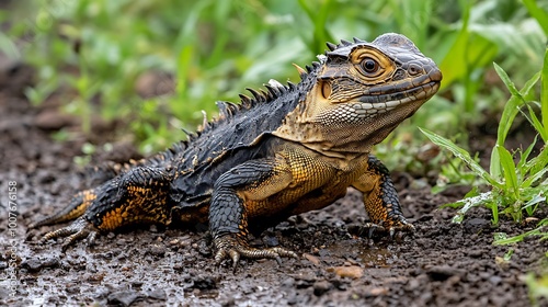 Black and Yellow Water Dragon Lizard in Green Grass Reptile Australia