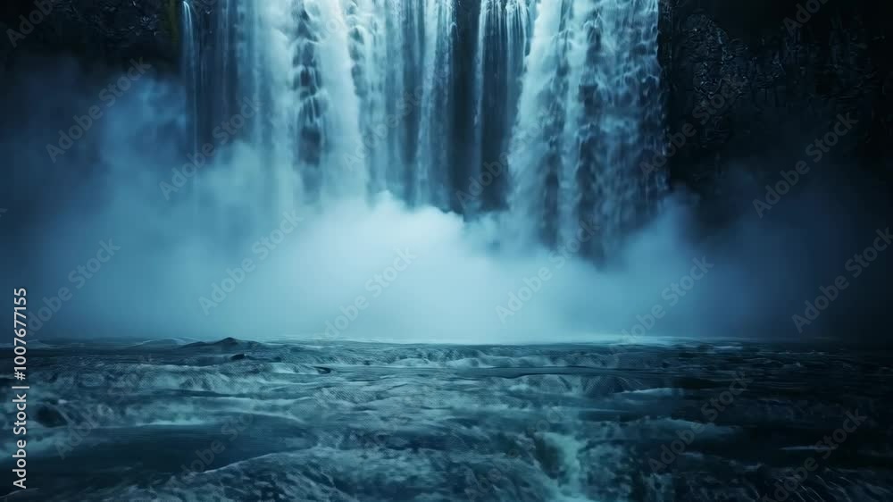 A powerful waterfall cascades into a rushing river, creating a misty scene in the Icelandic landscape A powerful waterfall cascades into a rushing river, creating a misty scene in the Icelandic landscape