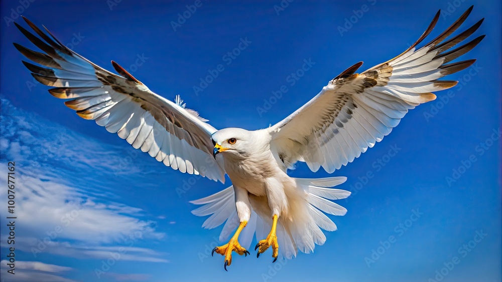 Obraz premium Majestic White Raptor Bird in Flight Against a Clear Blue Sky Captured in Stunning Detail