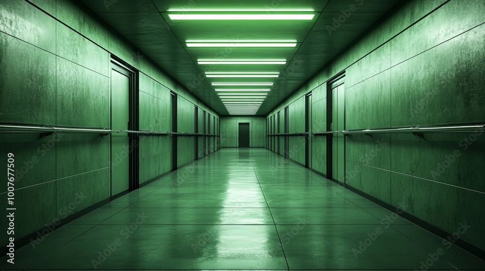A long, dark, and ominous hallway with green walls, a tiled floor, and fluorescent lights above. A long, dark, and ominous hallway with green walls, a tiled floor, and fluorescent lights above.