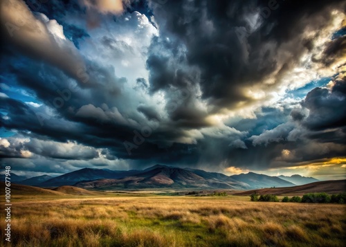 Melancholic Landscape with Dark Clouds and Distant Mountains, Evoking Feelings of Loneliness and Sadness