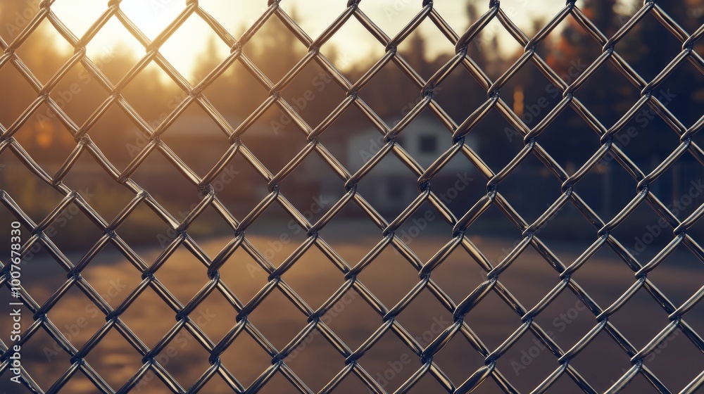 A close-up of a chain link fence with the setting sun in the background. A close-up of a chain link fence with the setting sun in the background.