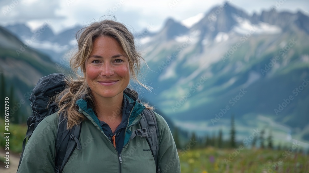 Smiling Woman in Majestic Mountain Landscape Smiling Woman in Majestic Mountain Landscape