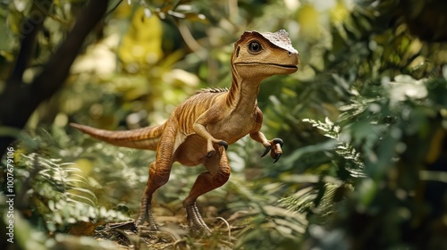 A small dinosaur walks through a lush jungle.