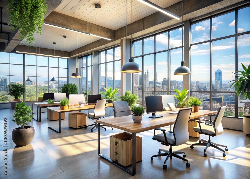Modern Office Space with Stylish Furniture, Large Windows, and Natural Light for Productive Work Environment Modern Office Space with Stylish Furniture, Large Windows, and Natural Light for Productive Work Environment